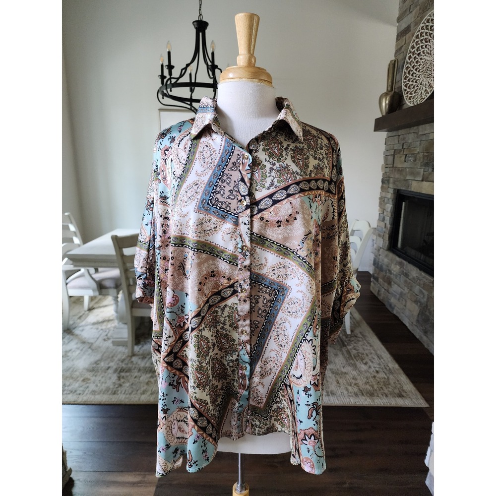 ee:some Womens Large Paisley Patchwork Oversized Satin Button Down Blouse Boho